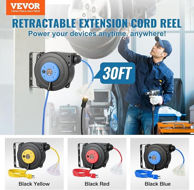 VEVOR 30FT Retractable Extension Cord Reel, 16AWG/3C SJTOW Heavy Duty Power - Image 2