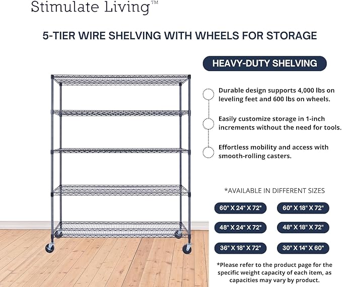60"x18"x72" Prime Heavy Duty Black 5-Tier Wire Shelving NSF 4000 LBS MAX - Image 6