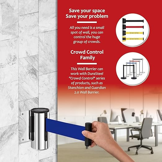 DuraSteel Wall Mount Crowd Control Retractable Belt Barrier- 9.2 Ft Blue - Image 7