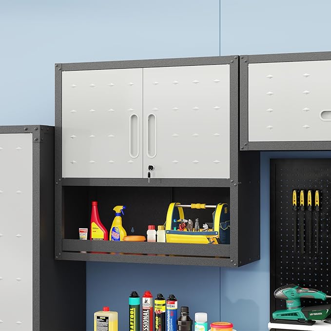 Wall Mounted Cabinet with Locking Doors, Open Shelf, Metal Hanging Garage - Image 7