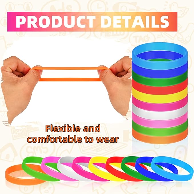 100 Pieces Colored Silicone Wristbands Bulk Rubber Bracelets, Plain Rubber - Image 2