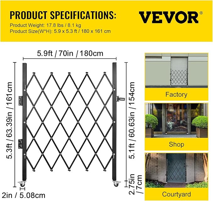 VEVOR Folding Security Door, 63.39" H x 70" W Accordion Gate, 360 Rolling - Image 7