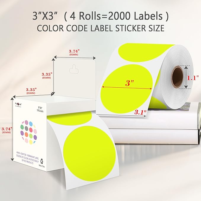 PARLAIM 3" Diameter Round Fluorescent Yellow Color Coding Sticker, 4 Rolls - Image 2