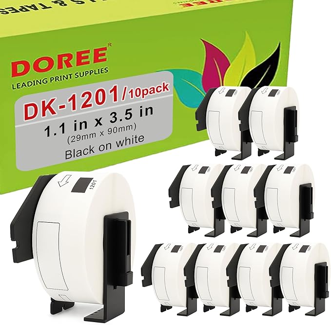 DOREE 10 Rolls DK1201 Die-Cut Standard Address Labels 1.14"x3.5" Black on White by DOREE