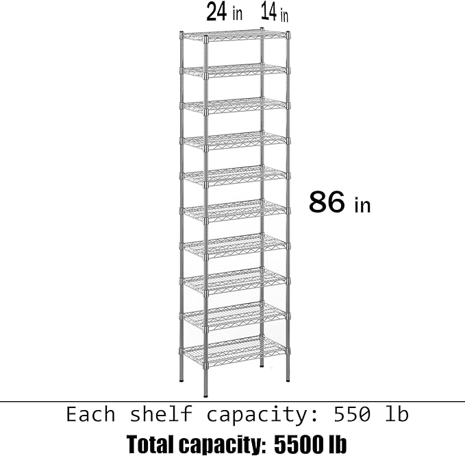 14" Deep x 24" Wide x 86" Height Wire Shelving Kit | 10-Tier | NSF Commercial - Image 3