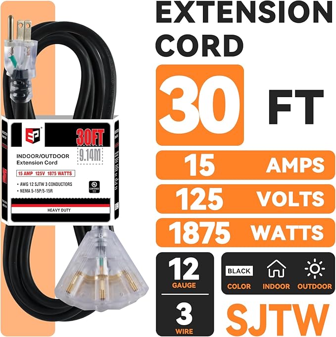 EP 30 Ft 12 Gauge Heavy Duty Extension Cord, 15A 125V 1875W, 3 Outlet - Image 2