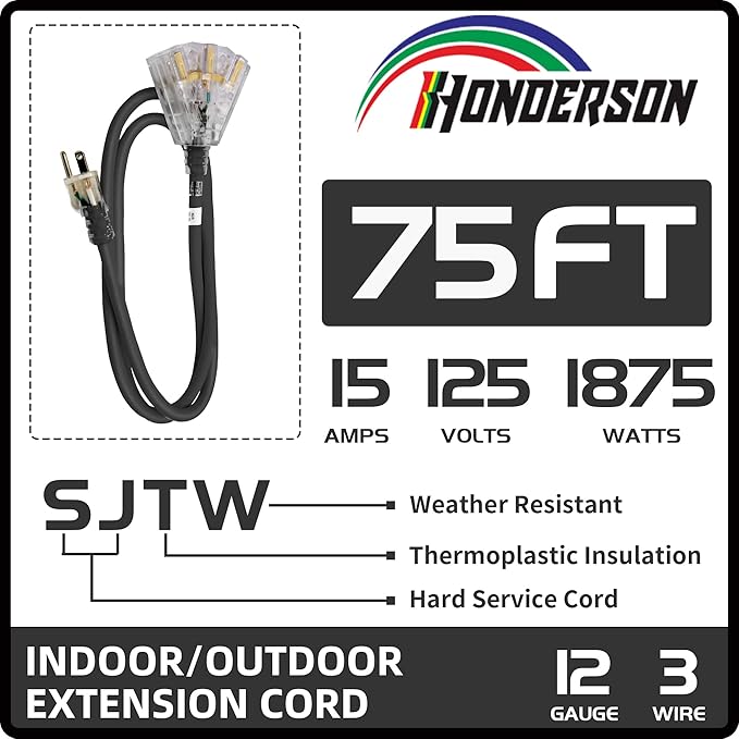 3-Outlets Indoor Outdoor Extension Cord Weatherproof - Image 2