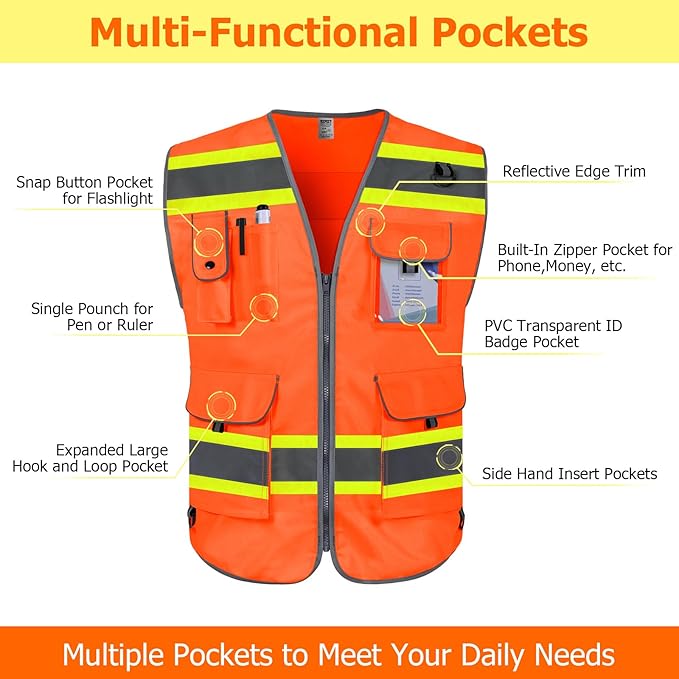 TCCFCCT High Visibility Vest 9 Pockets Hi Vis Reflective Safety Vest - Image 3