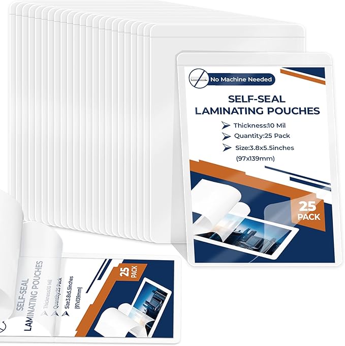25 Pack 10 Mil 3"x5" Self Sealing Laminating Pouches Self Adhesive Lamination by Unknown