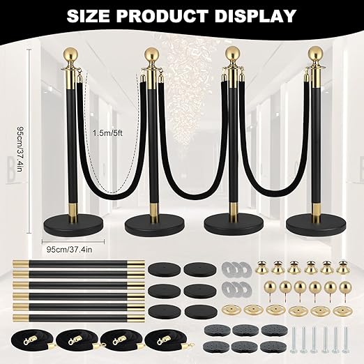 6 PCS Stainless Steel Stanchion Post, 5 Ft Black Velvet Ropes and Stanchion - Image 2