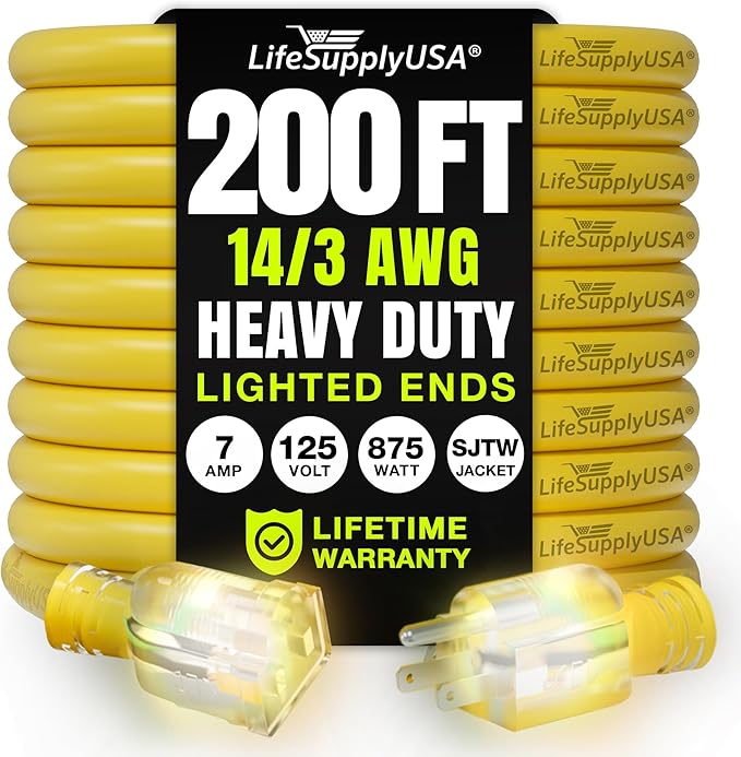 200ft Outdoor/Indoor Extension Cord 14/3 Gauge Heavy Duty 3 Prong SJTW by LifeSupplyUSA