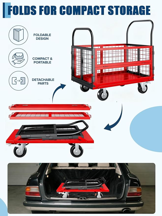 Platform Truck Cart with Cage, 6-in-1 Multi-Purpose Flatbed Cart, Foldable Hand - Image 5