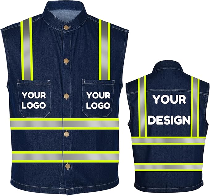 YOWESHOP Men's Reflective Safety Denim Vest，Custom Safety Outdoor Denim Work by YOWESHOP