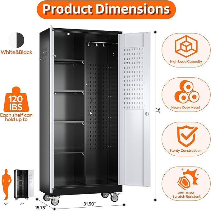 Aobabo Metal Broom Closet Storage Cabinet on Wheels and 2 Lockable Doors - Image 3