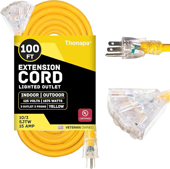 100 Foot Lighted Outdoor 15 Amp Extension Cord by Thonapa