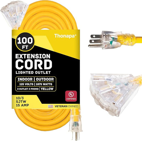 100 Foot Lighted Outdoor 15 Amp Extension Cord by Thonapa