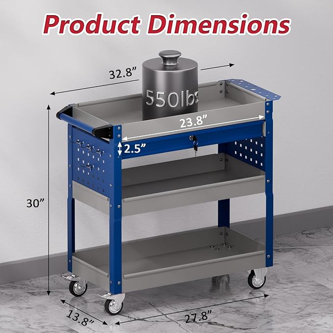 3 Tier Rolling Tool Cart on Wheels, Heavy Duty Industrial Utility Cart Service - Image 3