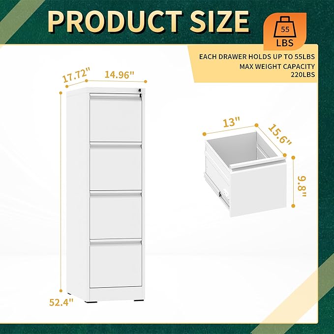 4 Drawer File Cabinet with Lock, Steel Vertical Filing Storage Cabinet - Image 3
