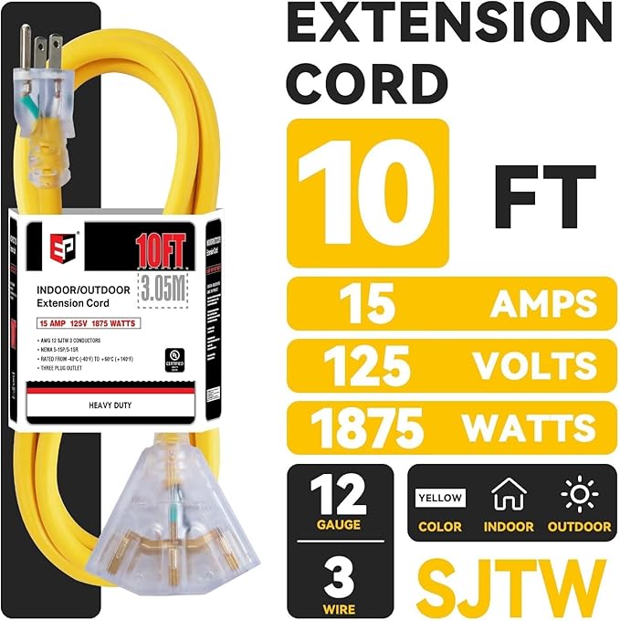 EP 10 Ft 12 Gauge Heavy Duty Extension Cord, 15A 125V 1875W, 3 Outlet - Image 2