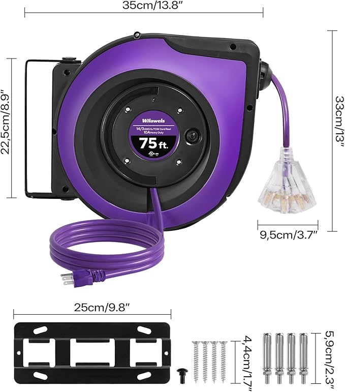 Extension Cord Reel, 75 FT Retractable Extension Cord Reel, 14AWG/3C SJTOW - Image 4