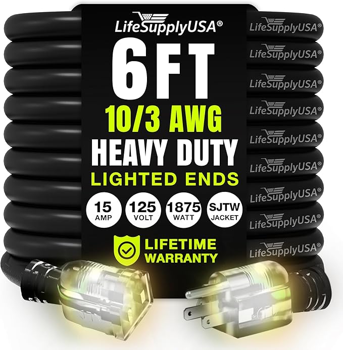 6ft Outdoor/Indoor Extension Cord 10/3 Gauge Ultra Heavy Duty 3 Prong SJTW by LifeSupplyUSA