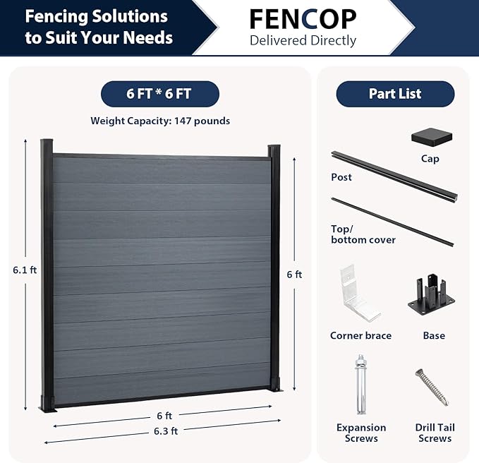 6x6Ft Outdoor Privacy Fence, Wind Resistant, Wood Plastic Composite Fence Panel - Image 2
