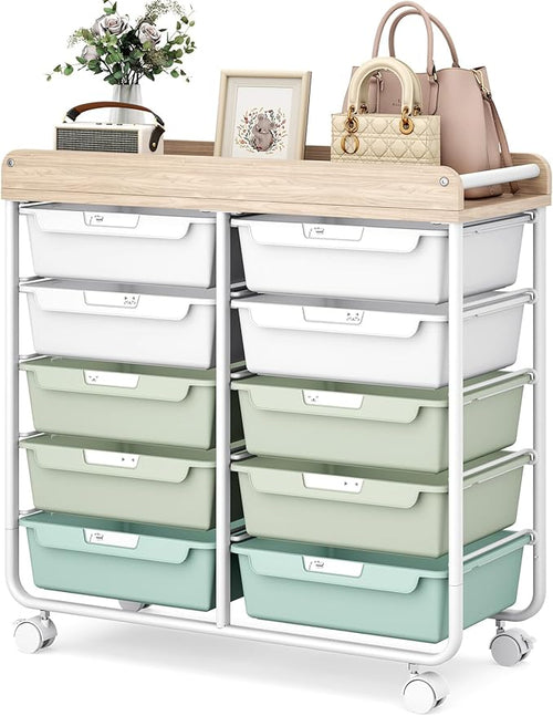 10 Drawers Rolling Cart with Wooden Tabletop, Utility Storage Cart with Wheels by APEXCHASER