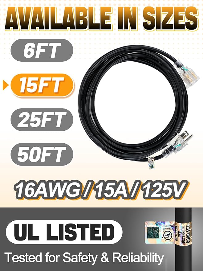 Lighted End Heavy Duty Outdoor Extension Cord Waterproof -16AWG, 3 Prong - Image 5