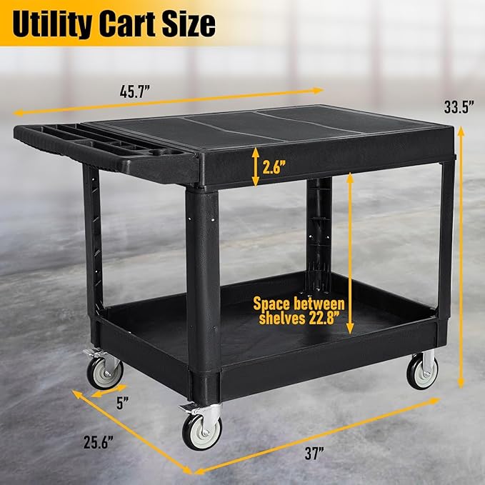 2 Tier Rolling Utility Cart on Wheels, 1000 lbs Capacity Flat Top Plastic - Image 2