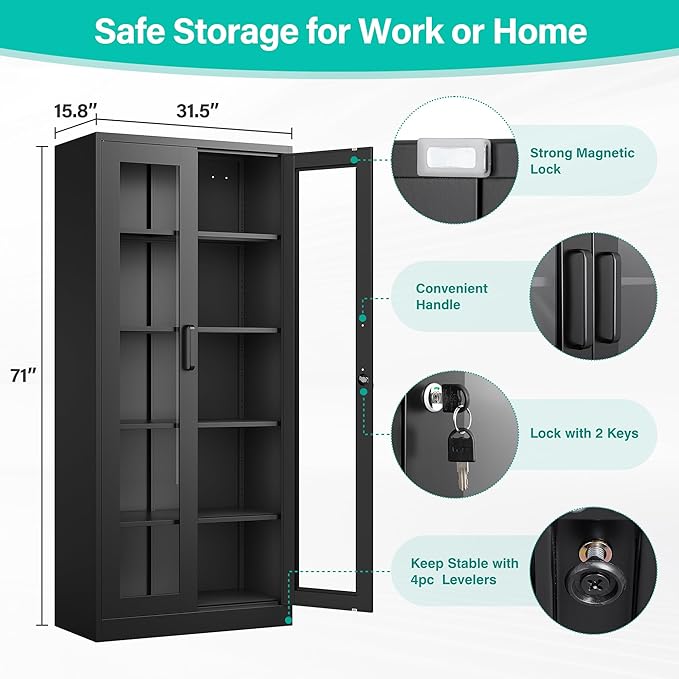 Metal Storage Cabinet with Lock and Glass Doors, Glass Display Cabinet - Image 8