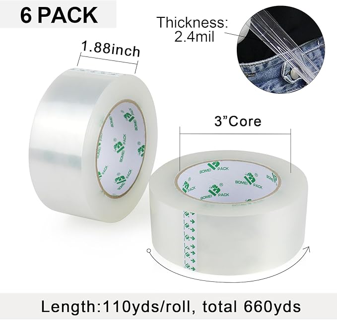 BOMEI PACK Silent Packing Tape, 2.4Mil x 1.88” x 110yds, Heavy Duty Clear - Image 3