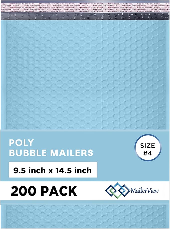 Light Blue Large Poly Bubble Mailers 9.5x14.5 inch #4 | Self Seal Padded by MAILERVIEW