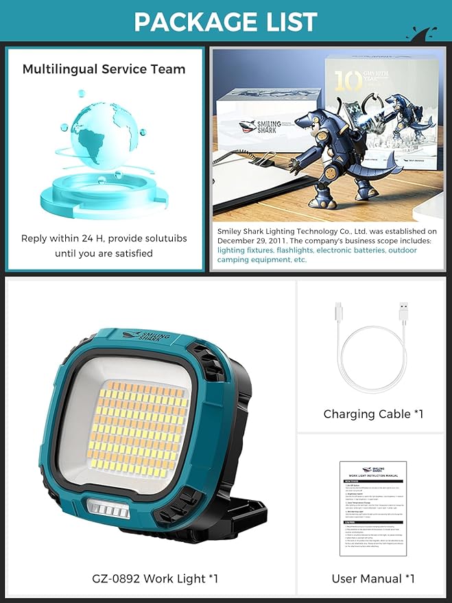 Smiling Shark Working Lights, 7500mAh Rechargeable LED Work Light 4000 Lumen 18 - Image 6