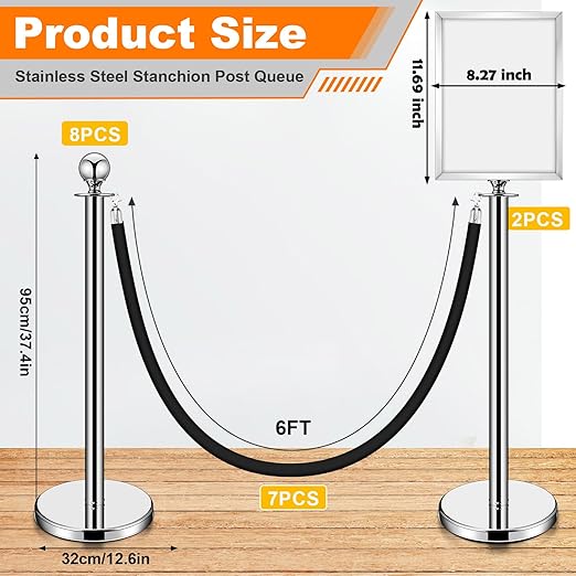 Blulu 8 Sets Stainless Steel Stanchion Set 8 Crowd Control Poles 7 Velvet Ropes - Image 2