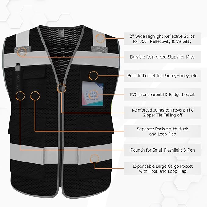 TCCFCCT Mesh Hi Vis Vest 5 Pockets High Visibility Reflective Safety Vest - Image 3