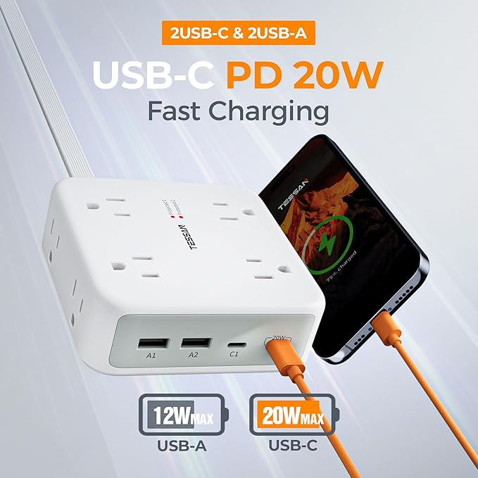 TESSAN Surge Protector Power Strip, 5 Ft Extension Cord Flat Wall Plug - Image 3