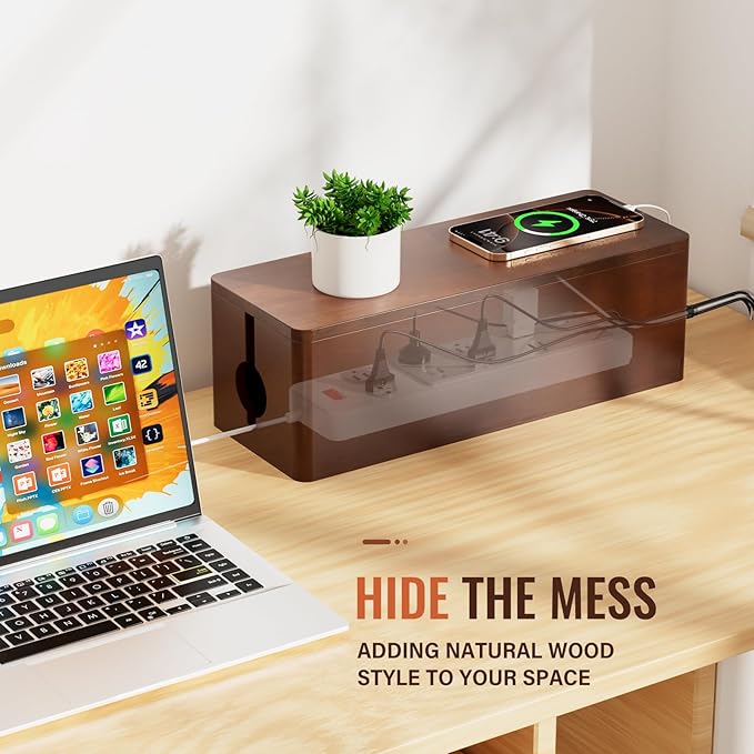 Cinati Large Cable Management Box, 15.8" Wooden Cable Organizer - Image 6