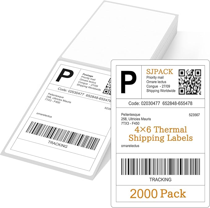 SJPACK 4" x 6" Thermal Labels, 2000 Fanfold Labels, Direct Thermal Shipping by SJPACK