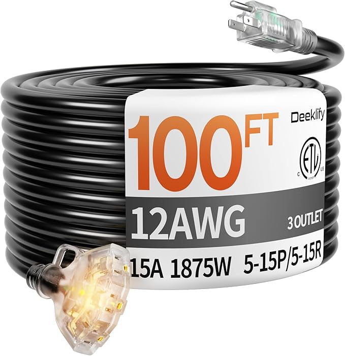 100 ft 12 Gauge Heavy Duty 3 Outlet Extension Cord Splitter by Deeklify