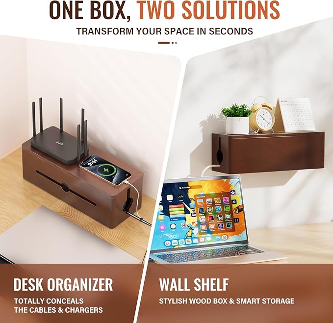 Cinati Large Cable Management Box, 15.8" Wooden Cable Organizer - Image 2