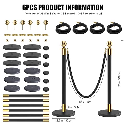 kaiyomi 6Pcs Stanchions with Black Velvet Ropes Set, 5 Feet Velvet Ropes and - Image 2
