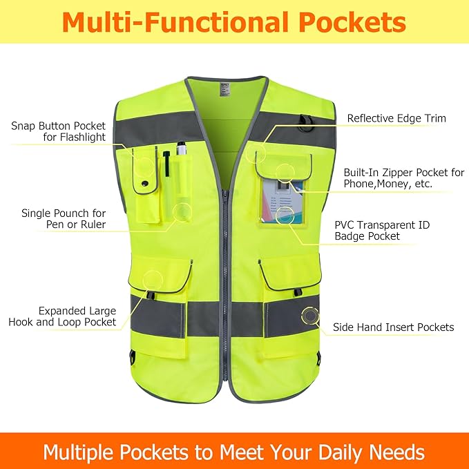 TCCFCCT Safety Vest for Men Women 9 Pockets High Visibility Vest for Safety - Image 3