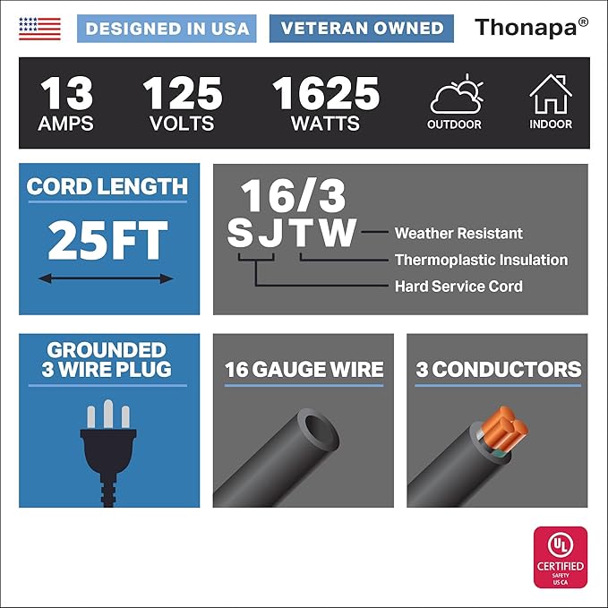 13 Amp Outdoor Extension Cord 25 ft, 2 Pack, 16/3 SJTW 25 Foot Black Extension - Image 2