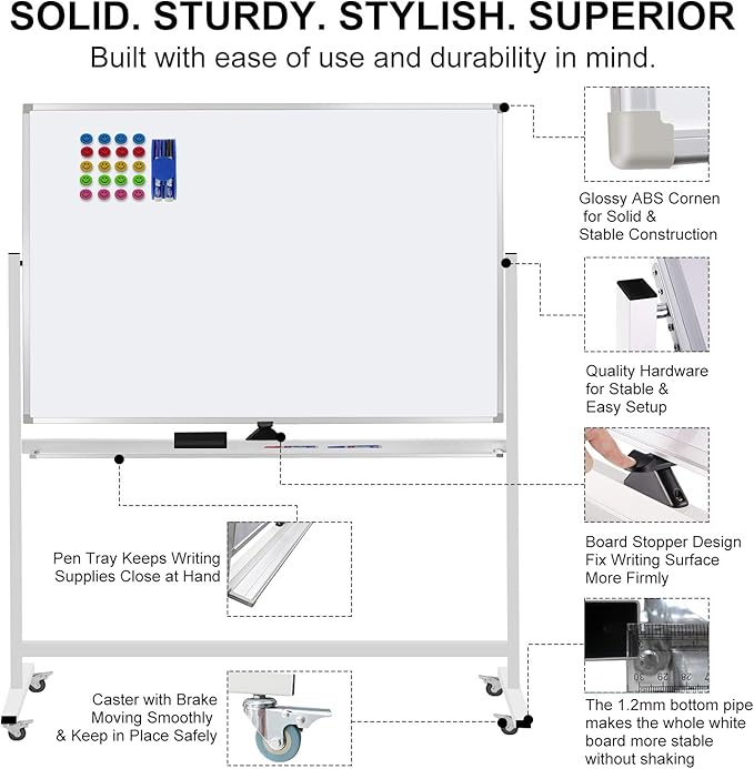 60"x40" Mobile Whiteboard Double-Sided Magnetic Large Dry Erase White Board - Image 2