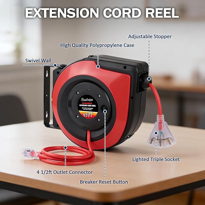 65Ft Heavy Duty Cord Reel, Retractable Extension Cord, 12AWG/3C SJTOW, Lighted - Image 6