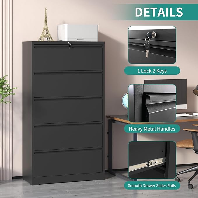 5 Drawer Lateral File Cabinet, Metal Filing Cabinets - Image 5