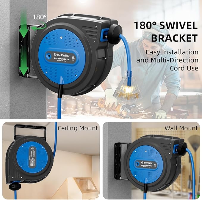 80FT Retractable Extension Cord Reel, 14 AWG/3C SJTOW Heavy Duty Power Cord - Image 8