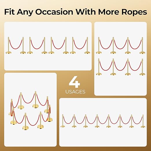 8pcs Sturdy Gold Stanchion Posts and 8pcs High Quality Red Carpet Velvet Ropes - Image 2