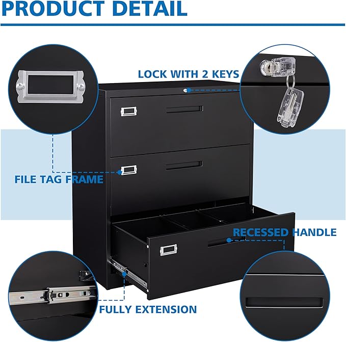 Lateral File Cabinet with Lock, Metal Filing Cabinet with 3 Drawer, Steel - Image 7