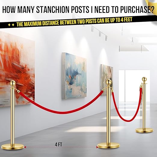 8PCS Gold Stanchion Post, 5 Ft Red Velvet Rope Stainless Steel Crowd Control - Image 4